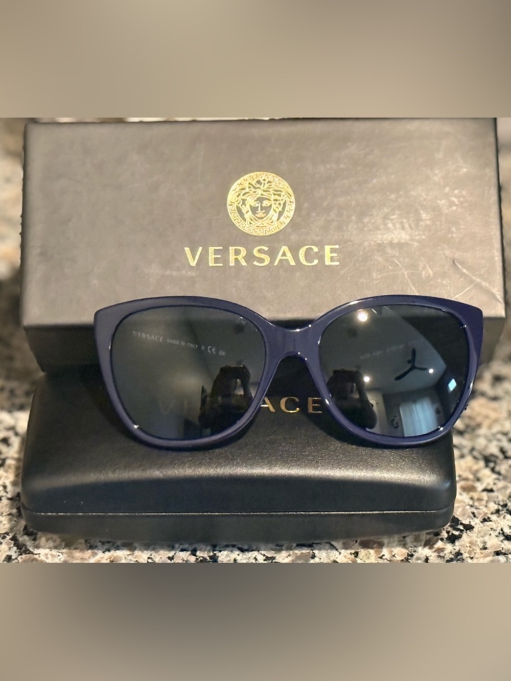 Versace Navy Blue Sunglasses With Silver Medusas on the Arms